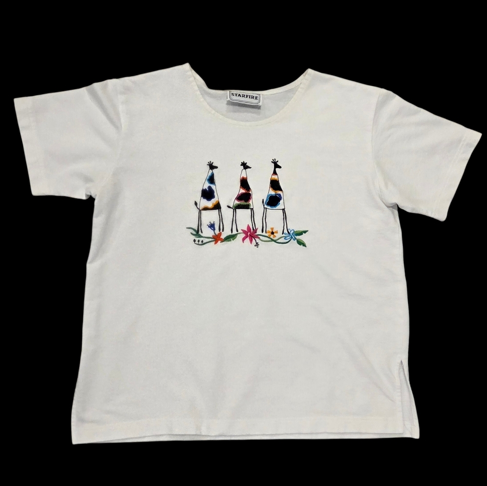 Vintage Giraffes Embroidered Shirt Womens 12 White Too Animal Nature USA Floral